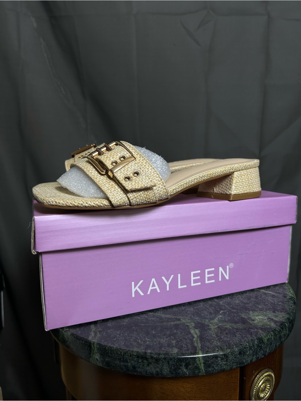 KAYLEEN Gold Textured Buckle Low Block Heel Slide